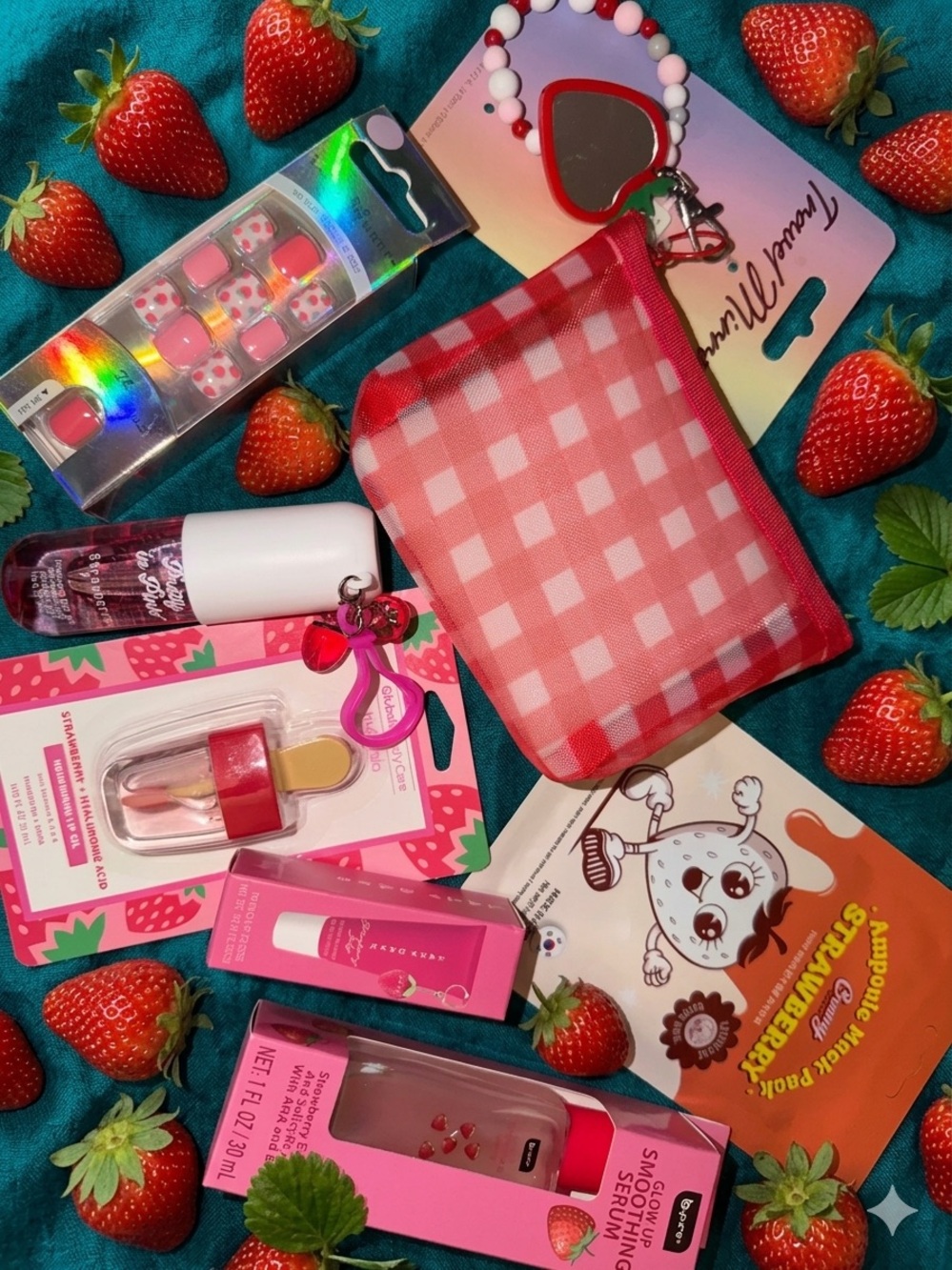 Red  Gingham Coin Purse with strawberry themed self care 8 piece gift set - Picture 4 of 5